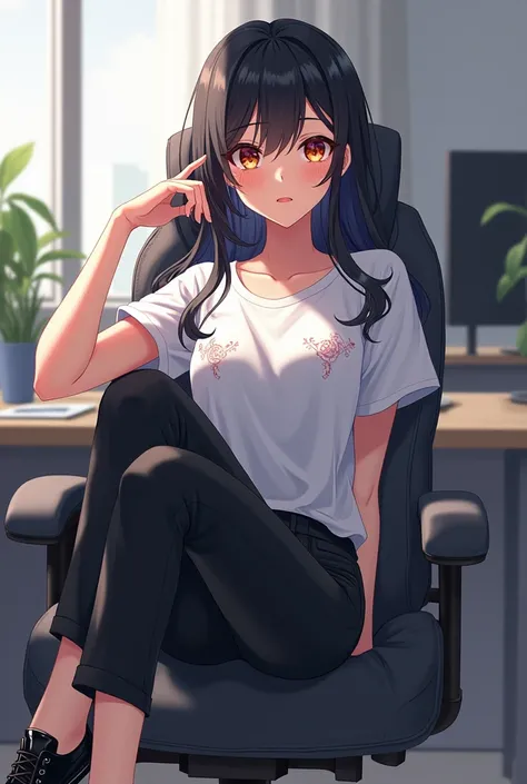  Poto anime 4k girl pake Jaz black,celana hitam panjang , black shoes  ,white damenan t-shirt  ,sitting in office chair 