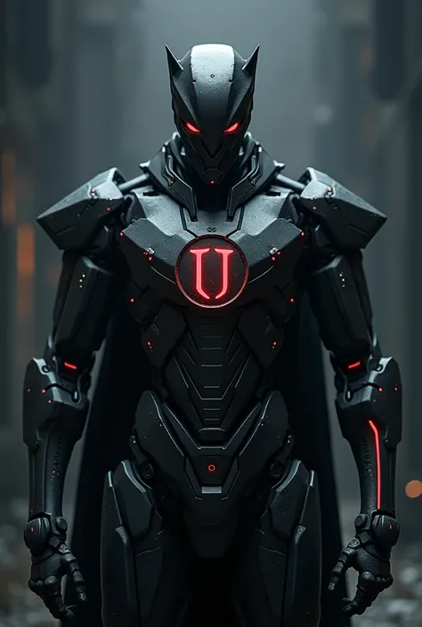 Futuristic dark robot with loģo written BUA on it and with a very dark picture edges 