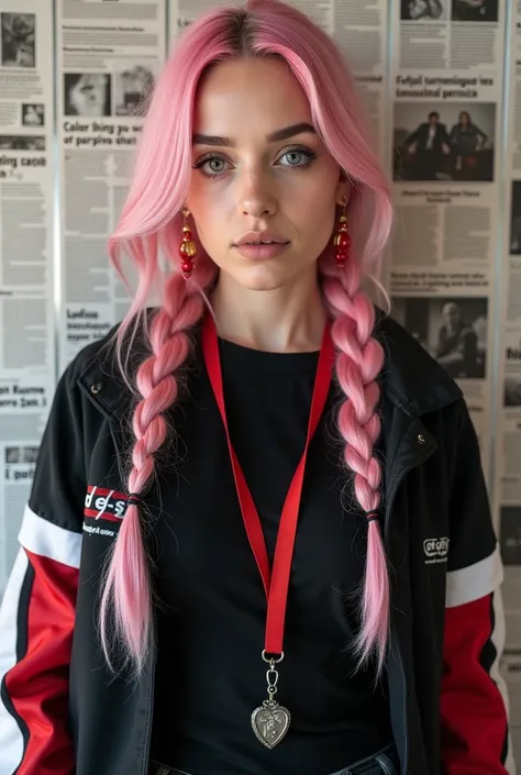 The image is a portrait of a young woman with long pink hair styled in two braids. She is wearing a black jacket with red and white patches on the sleeves and a black t-shirt underneath. She has a pair of red earrings and a red lanyard around her neck. The...