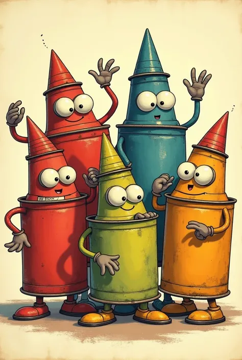 Rubberhose style illustration from the 1930s of PAINT CANS 