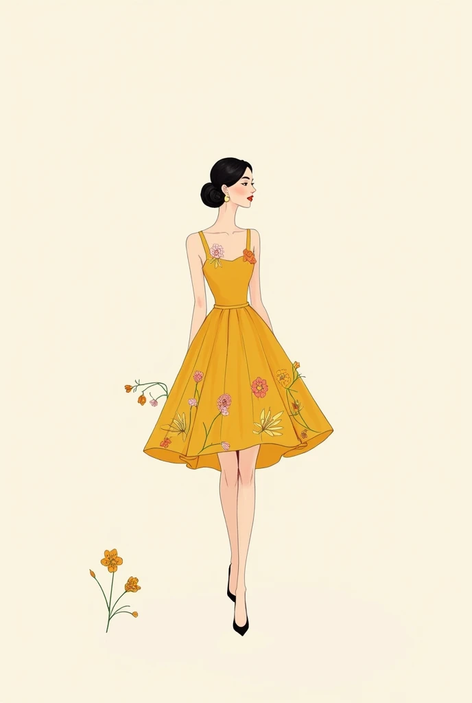 Mustard-colored short dress with flower buds