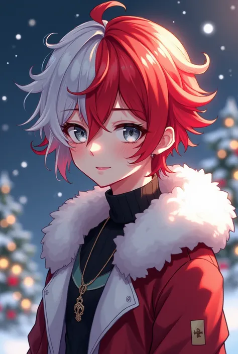 Shoto Todoroki with a womans long hair,  half left white, half right red , grey eyes, smile,  Christmas 