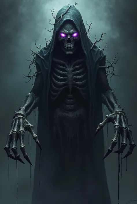 a shadowy, skeletal figure shrouded in tattered, organic-like tendrils. Its glowing, lidless eyes emit an eerie violet light that pierces darkness. Its claws are elongated and appear to be made of twisted bone, dripping with a mysterious ichor.