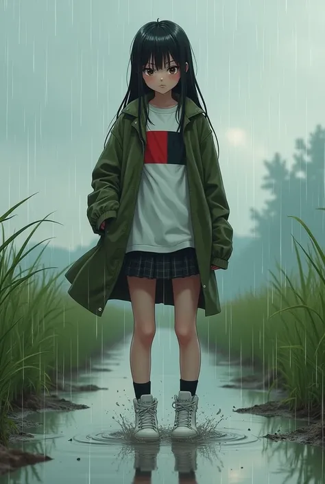 Anime girl, tsundere, long black hair, looking pissed, standing in the rain on flushed meadows, white T-Shirt with black and red squares, soaked oversized olive green coat, black chequred skirt, black college socks, white hi top Basketball shoes, splashing...