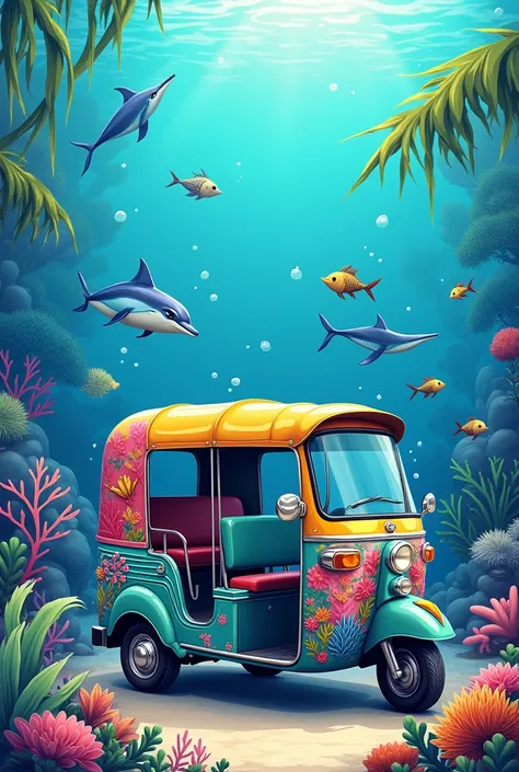 Tuk tuk design with marine fauna and flora