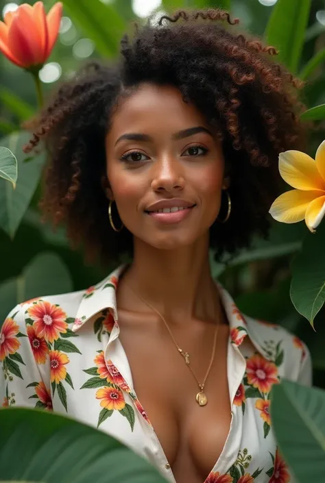  A Brazilian woman in a lush tropical garden,  wearing an open shirt with floral print ,  with a close up capturing the harmonious beauty between her breasts and natural flowers,  showing your natural charm and outgoing personality.