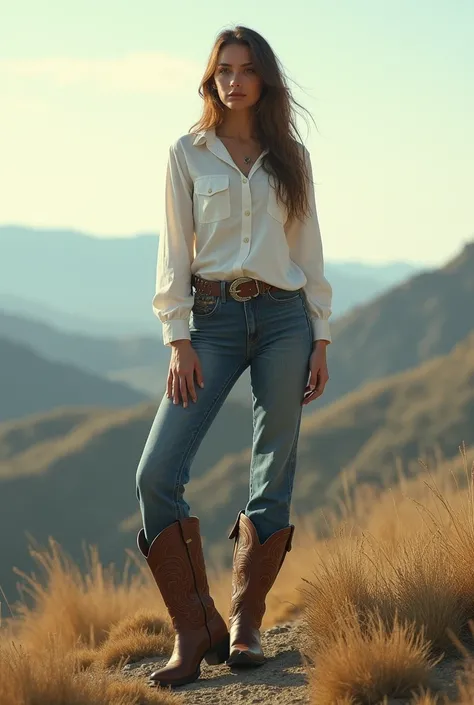 a beautiful women stand on the hill in a plain white long boots in a westerns dressings like high sweat shit baggy shirt  and jeans boots are  more prominent than women