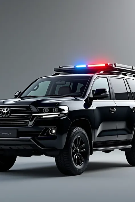    One Toyota Land Cruiser 2024 , model black , with black windows and red and blue lights on top of the car make the photo look like real and the lights on top of the car turn off