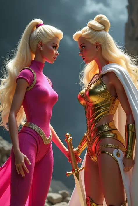  Heres the detailed prompt to create the ultra realistic image :

" An intense scene with the Barbie doll and the character She-Ra , both furious ,  facing each other in an epic confrontation . Both are standing , with their entire bodies visible,  display...