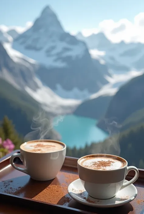 The image shows a breakfast scenario with two cups of cappuccino covered with cocoa powder on a tray. In the background, There is a stunning view of snow-capped mountains ,  with clouds below mountain peaks ,  suggesting that the scene is at a high altitud...