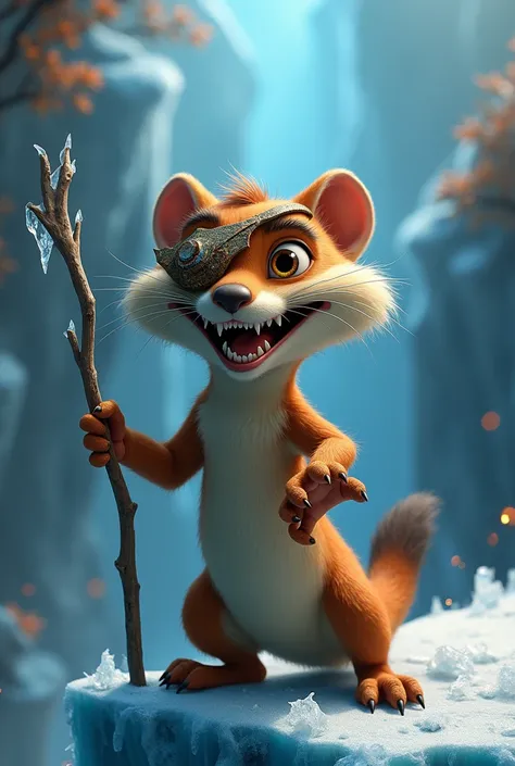 a wildly exaggerated, bushy-tailed weasel, heavily inspired by Buck from "Ice Age," with a rugged, weathered complexion, a fully covered left eye by a worn, torn, and slightly rusty leaf eye patch, baring razor-sharp teeth in a maniacal, asymmetrical grin,...