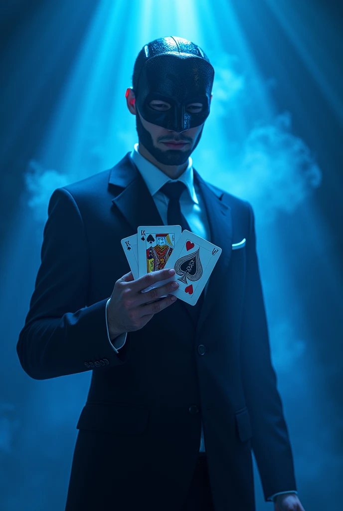 Create a character holding playing cards ,  this character is in an elegant pose and masked with surrounding blue rays