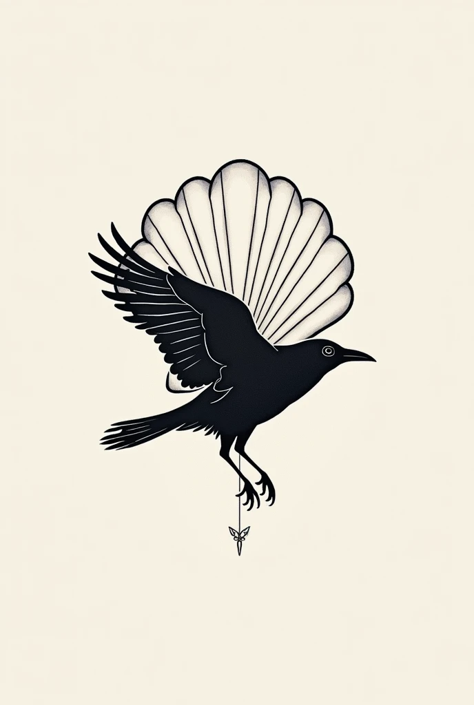  tattoo design . Crow with contour line only,  posing and flying with open wings ,  in front of a scallop also only outlined