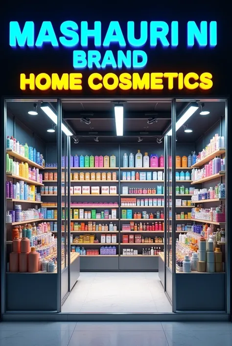 "A realistic glass office fully stocked with various human cosmetics neatly displayed on shelves, resembling a vibrant and bustling local cosmetics store. The shelves are filled with colorful bottles, cans, and packaging for products like deodorants, perfu...