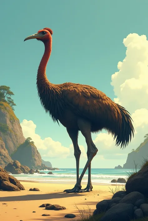 A pov backshot of giant moa bird on the foreground looking down on the rocky bright sand beach below, cinematic, peaceful shore, wide angle, in a medieval style illustration, highly detailed 