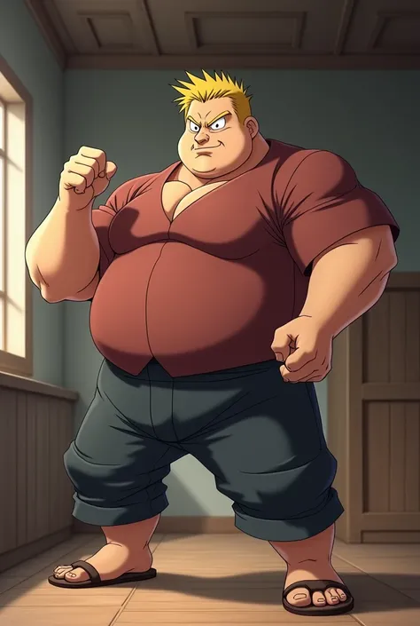 Tall Man, with round face, short thin yellow haircut, less chubby, muscular, in Anime, wearing his mahogany shirt, dark gray pants, brown sandals, in the private room, doing his fighting pose with his fists, angrier, with his mouth closed