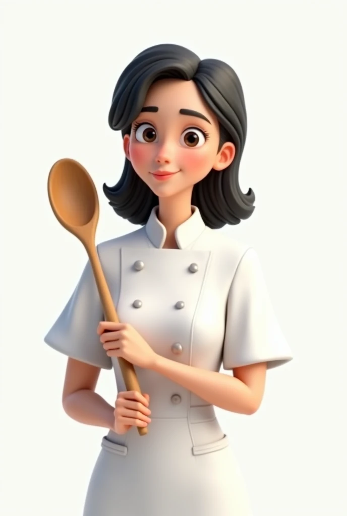 Create a 3d image of a medium black haired woman from 45 years old small eyes,Small mouth holding a wooden spoon and dressed in white dolman chef on a white background in Pixar style 