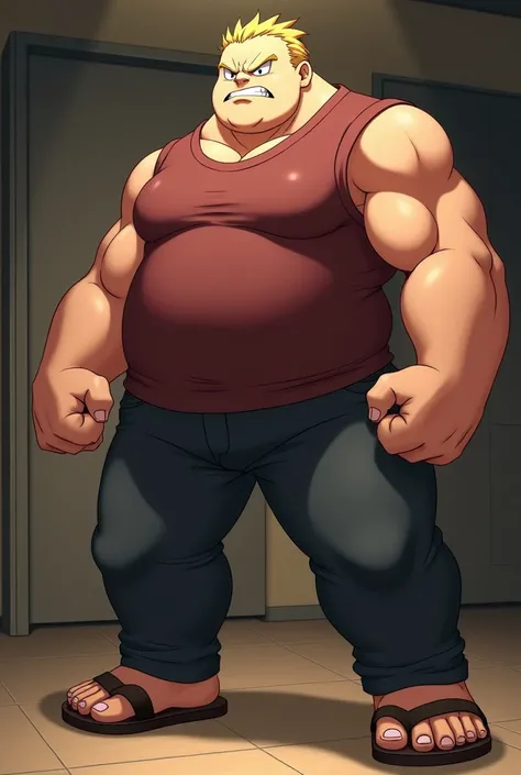 Tall Man, with round face, short thin yellow haircut, less chubby, muscular, in Anime, wearing his mahogany shirt, dark gray pants, brown sandals, in the private room, doing his fighting pose with his fists, angrier, with his mouth closed