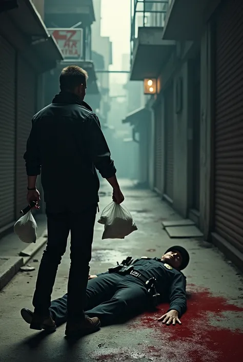 a man with bags of white powder and a knife .  And another man in a police suit dead on the floor of a bloody alley