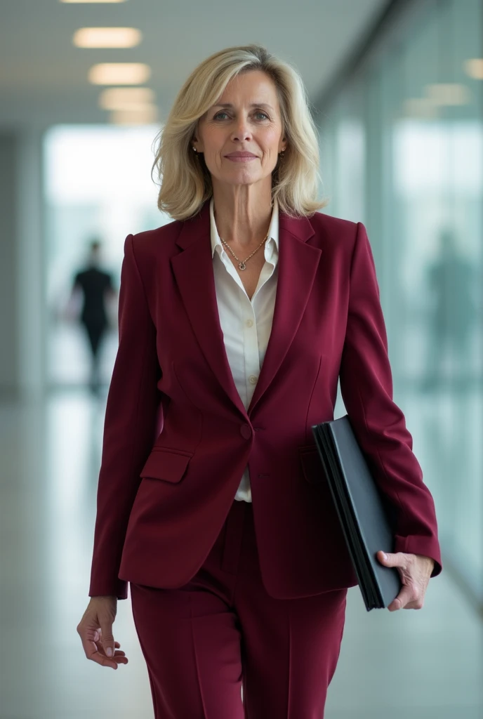 A 45-year-old woman of medium build with light blonde shoulder-length hair (no bangs), gray-blue eyes, and a slightly fuller chest. She is wearing a dark red business suit and walking confidently through a modern hallway, holding a sleek black folder in on...