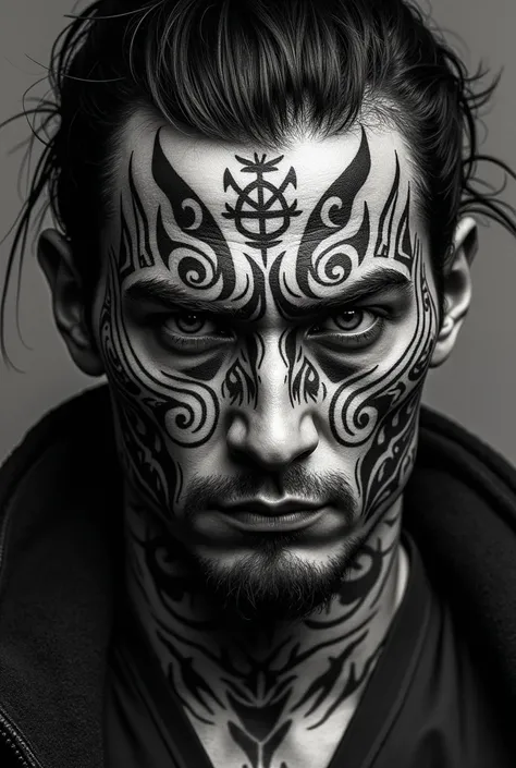 Samurai blackwork face tattoo 