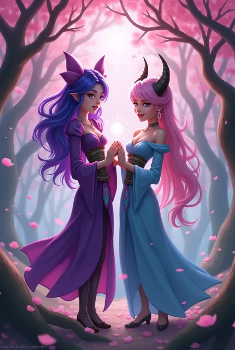 Lulu and Soraka from the game League of Legends together in a cherry forest