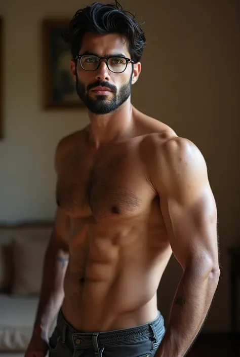 a man,  thin and athletic , with body hair , dark hair,  brown eyes ,  with an Arabian descent ,  tanned skin . he wears glasses, is tall, Dominant, has a tight beard ,  thick eyebrows and is very seductive. 