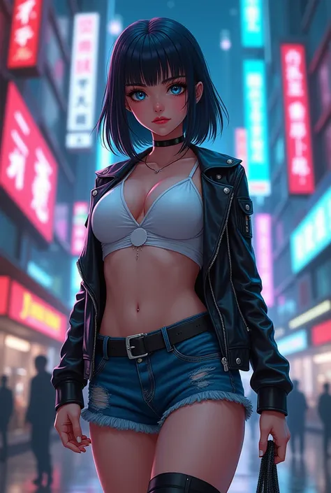 woman/ medium black and straight hair/ Blue Eyes/  full body /  Big breasts/  wide hips/top white/  black leather jacket / Mini denim skirt/ Women&#39;s Boots / sexy/ anime/ cyberpunk city in the background/ very detailed