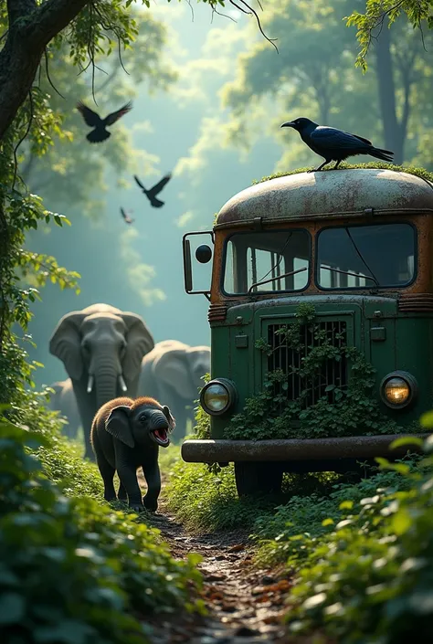 
In the deep jungle, some elephants are seen, a 1-month-old baby is crying in jungle, behind it is an old rusty bus, some crows are sitting on it, and they are flying, 4k real image.