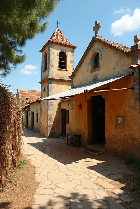 In a quaint village, an old church stands proudly, its weathered facade telling tales of years gone by. The church, with its simple architecture, is shaded by a large tin awning that provides respite from the sun. Nearby, a straw wall leans slightly, a tes...