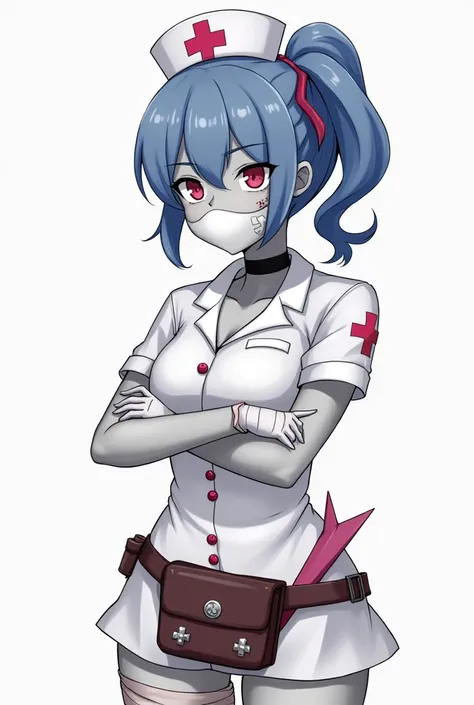  Valentine has blood-red eyes with cross-shaped pupils ,  blue hair with several large bangs that cover her forehead and right eye tied in a pointed ponytail ,  in addition to greyish skin .  He wears a bandaged patch over his right eye ,  that is heavily ...