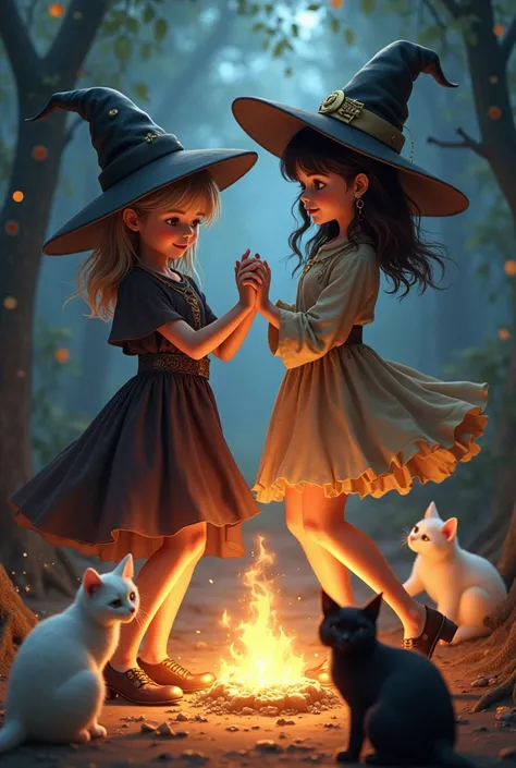 Two witch girls, one with medium-haired light brown hair and the other with dark brown hair above their shoulders and wearing glasses, both witches dancing around the fire, one with a white cat and the other girl with a black cat.