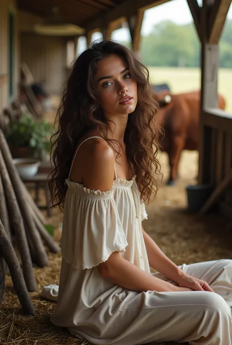 Create a photorealistic image of a beautiful woman sitting in a farm-related setting. She is wearing a loose off-shoulder top and pajama pants, with her long curly hair cascading down her back. The setting is a rustic barn or a farmhouse porch, with steers...