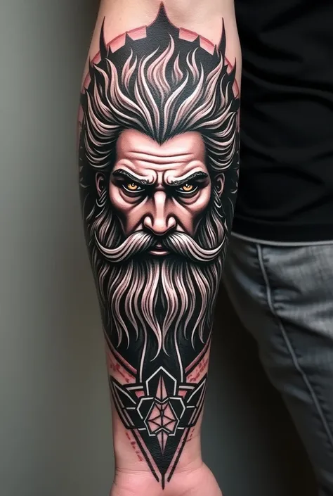 Zeus face tattoo with samurai armor in blackwork style to tattoo on the forearm