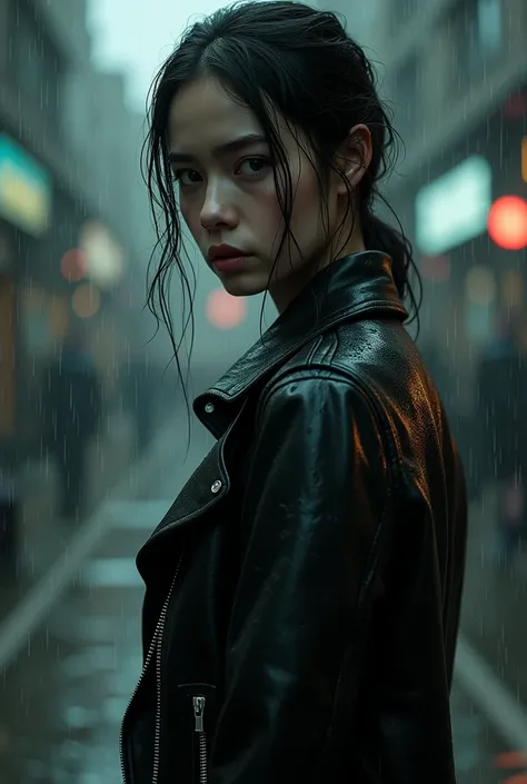 Wet girl in wet zipped and belted leather jacket