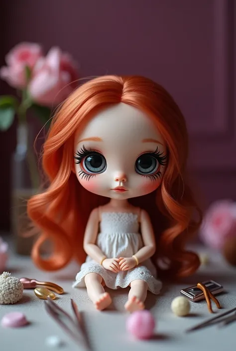 Little doll with big eyes and big eyelashes with wavy red hair on a table sitting with things from the nap to put eyelashes eyelashes tweezers and in the background the purple wall and say deru