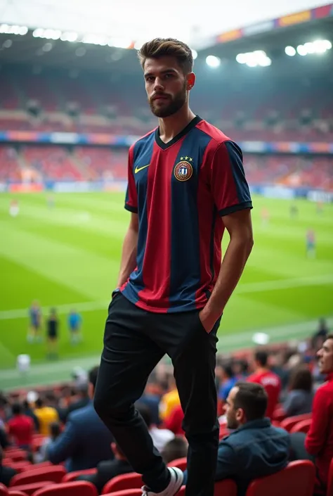  Portrait of a young man with short brown hair and well-groomed beard, wearing the European team ,  black pants and Jordan style sneakers in black and white .  He is in a casual pose ,  jersey and being in the grandstand at a soccer stadium.  In the backgr...