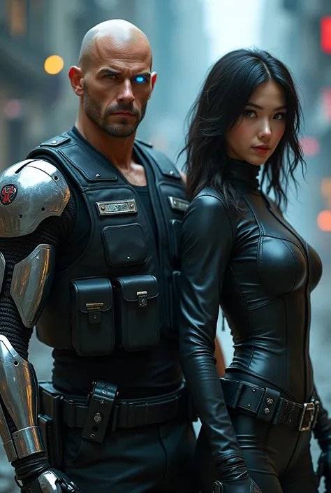 two police officers ,  man and woman cyberpunk , futuristic environment,The shaved ,  leather vest fitted to the body ,  has a bright right eye in blue ,  has a right shoulder and arm cyborg robot , Jason Statham , muscular,  police body pants , guns in th...