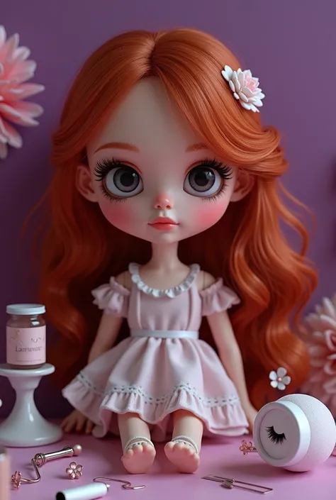 Little doll with big eyes and big eyelashes with wavy red hair in a lashista studio things to put eyelashes eyelashes tweezers and in the background the purple wall and say deru