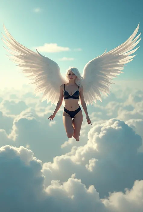 An 18-year-old teenager with angel wings , flying above the clouds,  in black panties and black bra and white hair 