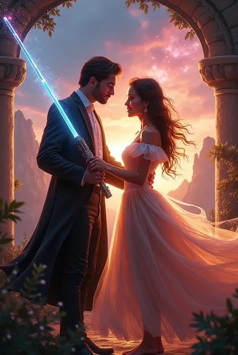 Generate an image of a young handsome rich guy in his early 30s bearing a light saber in his hand and standing romantically next to a young girl in her Early 20s with energy blast surging from her hands 