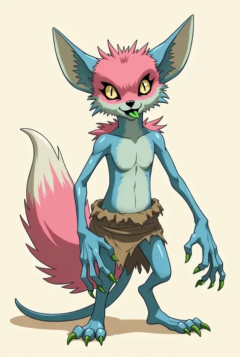 humanoid fox, skinny, blue skin, rectangle head, no ears, green tongue, green nails. pink fur on the chest, armpits, shoulders. fur instead of eyes, wearing rags, anime artstyle, funny pose