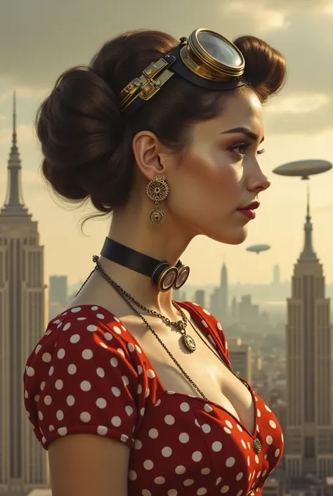 A hyper-realistic portrait of a young woman from the 1950s with subtle steampunk details. She wears a retro polka-dot dress with metallic accents, her hair styled in victory rolls adorned with miniature gears and chains. A pair of steampunk goggles rest ar...