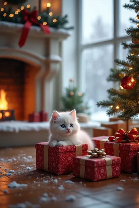  A chic living room with a fireplace and floor-to-ceiling windows . Its snowing outside the windows .  The room is warm and cozy , The fireplace is burning,  is a decorated Christmas tree ,  under which there are gifts, and among them, a white fluffy kitte...