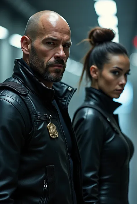  two cyberpunk cops , Jason Statham ,  right half of the cyborg body ,  right eye soft glow ,  tight leather suit ,  with guns in their hands ,  very muscular,  tight leather vest .  She is a Japanese cyber punk cop , hair up,  leather police suit tactical...