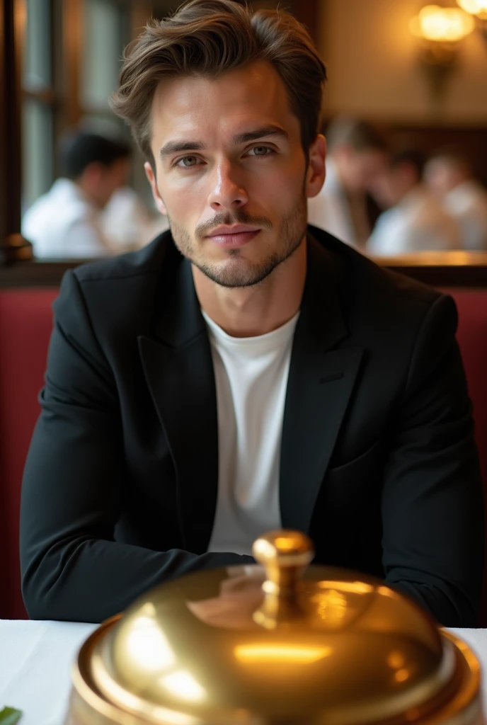 young man dressed in a black blazer and a basic t-shirt in the background sitting in an expensive restaurant and in front of him a food tray with a gold lid a general plan 