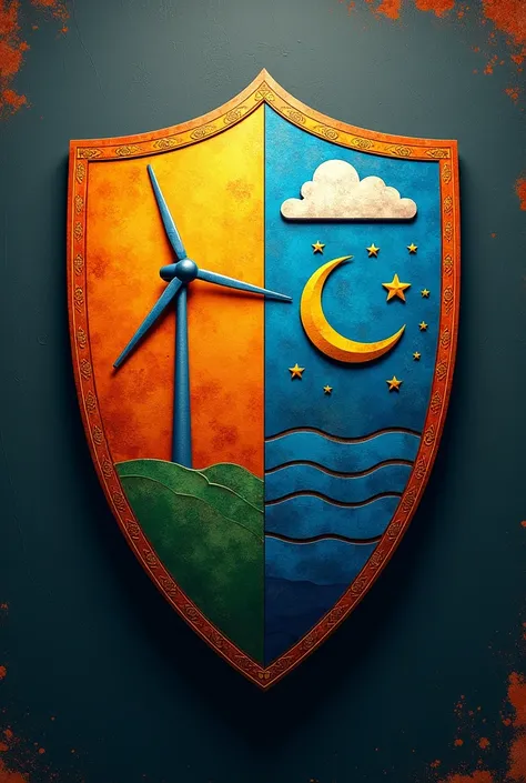  create for me the shield of the Spanish soccer team Hercules but instead of a person having a wind turbine, Mar, And solar panel 