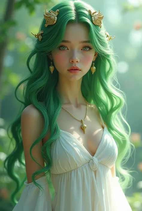  girl with green snake hair ,  white dress , golden tacos and mesmerizing eyes  