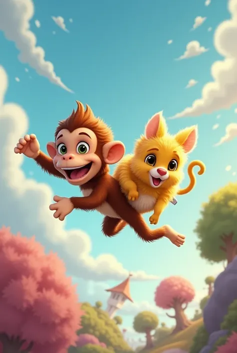 A monkey in the sky with a golden one on the Pixar cartoon style background