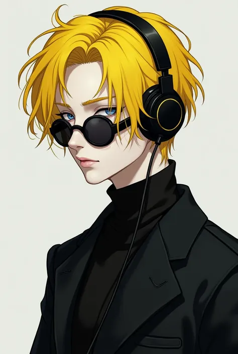 Male character yellow hair pale skin lenses black clothing black headphones 